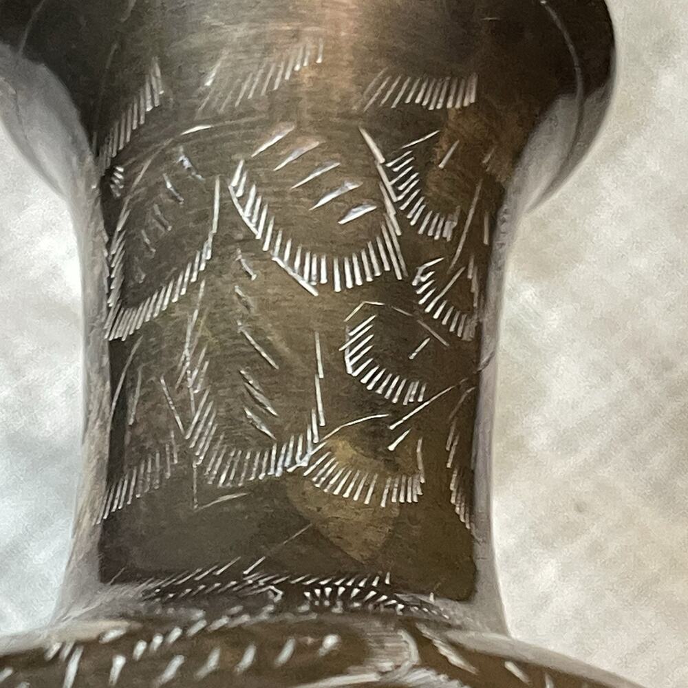 Vintage Etched Brass Vase India Floral Design 8.5" Tall Boho Mid-Century Decor - Picture 8 of 9